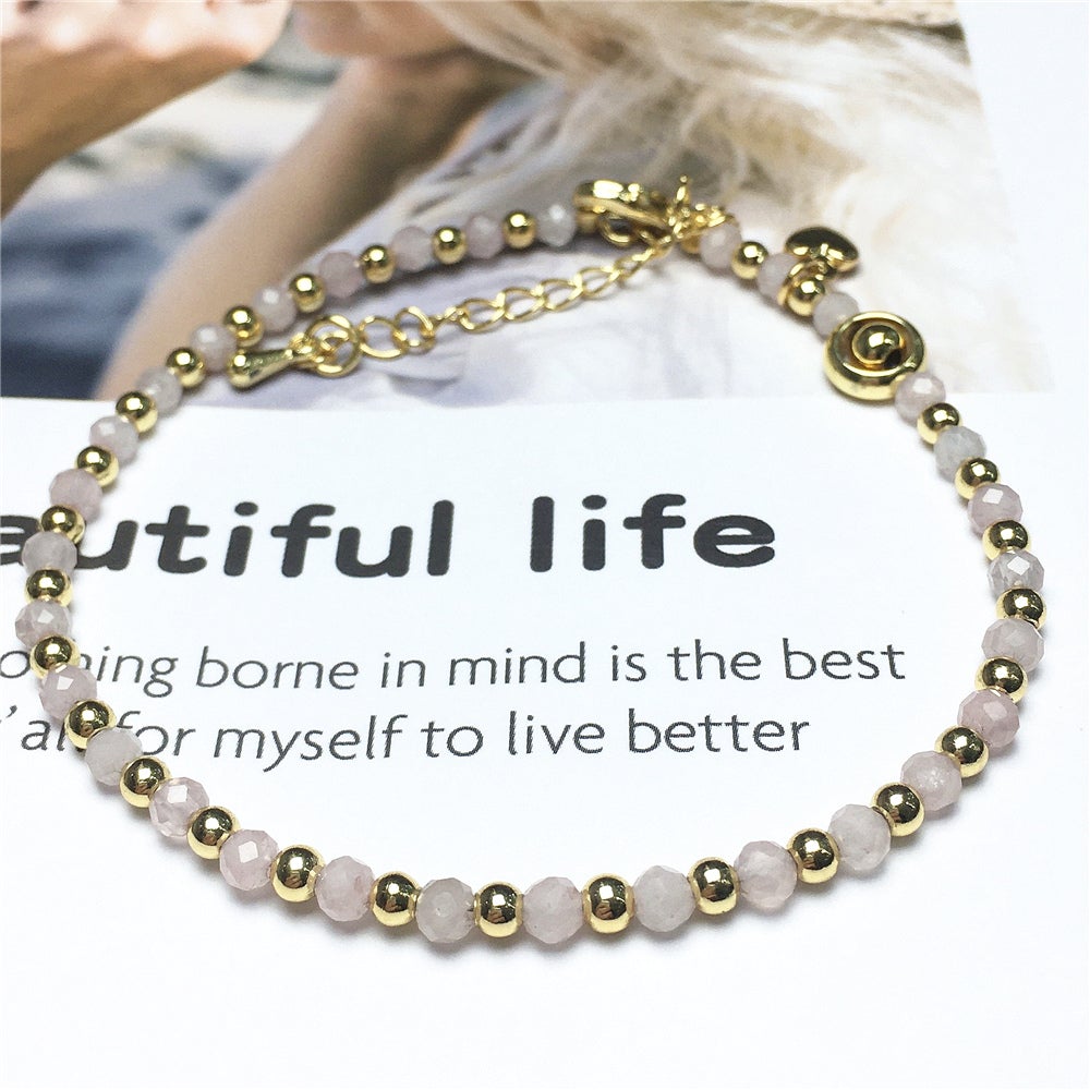 Pink Rose Quartz Gemstone Adjustable Bracelet Tiny Beads Gemstone Bracelet with Love Heart Charm