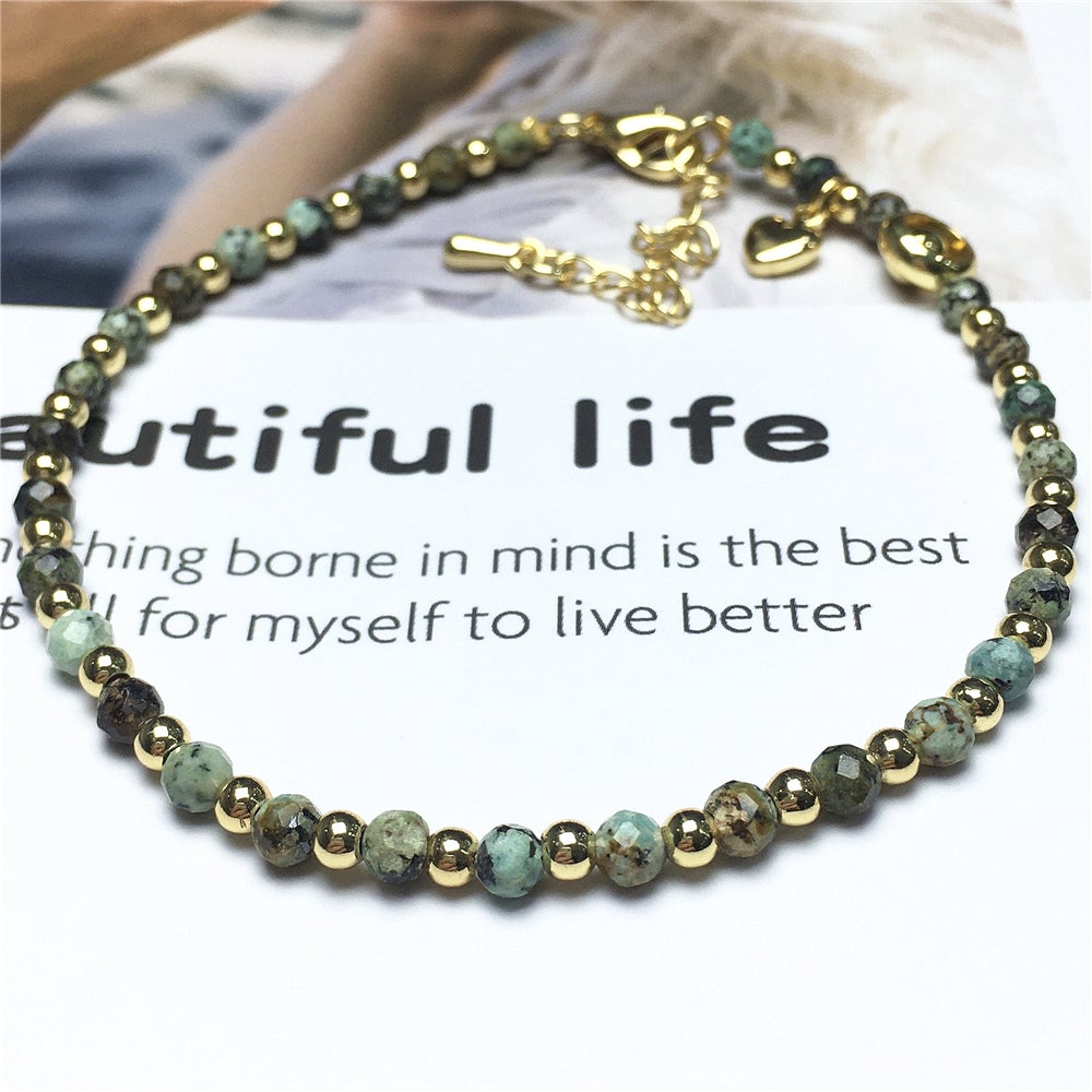 African Turquoise Gemstone Adjustable Bracelet Tiny Beads Gemstone Bracelet with Love Heart Charm