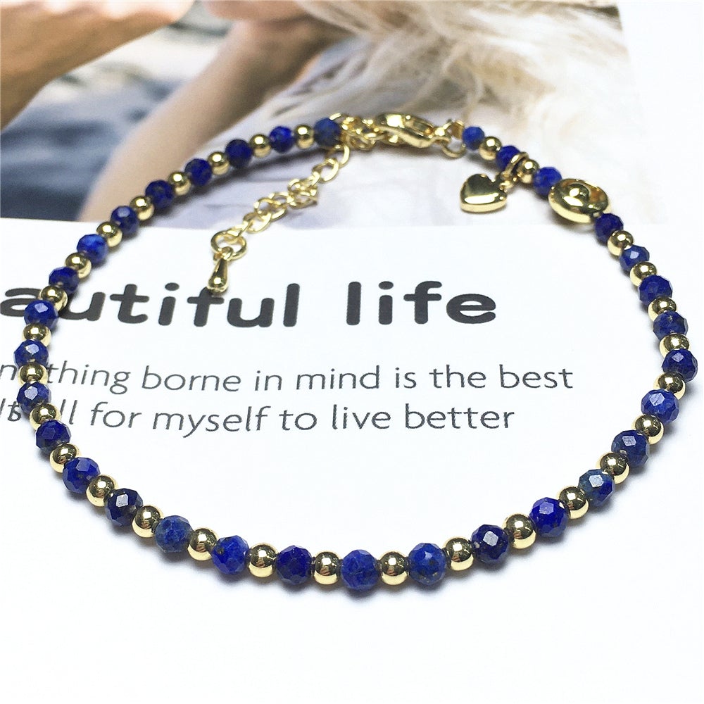 Lapis Lazuli Gemstone Adjustable Bracelet Tiny Beads Gemstone Bracelet with Love Heart Charm