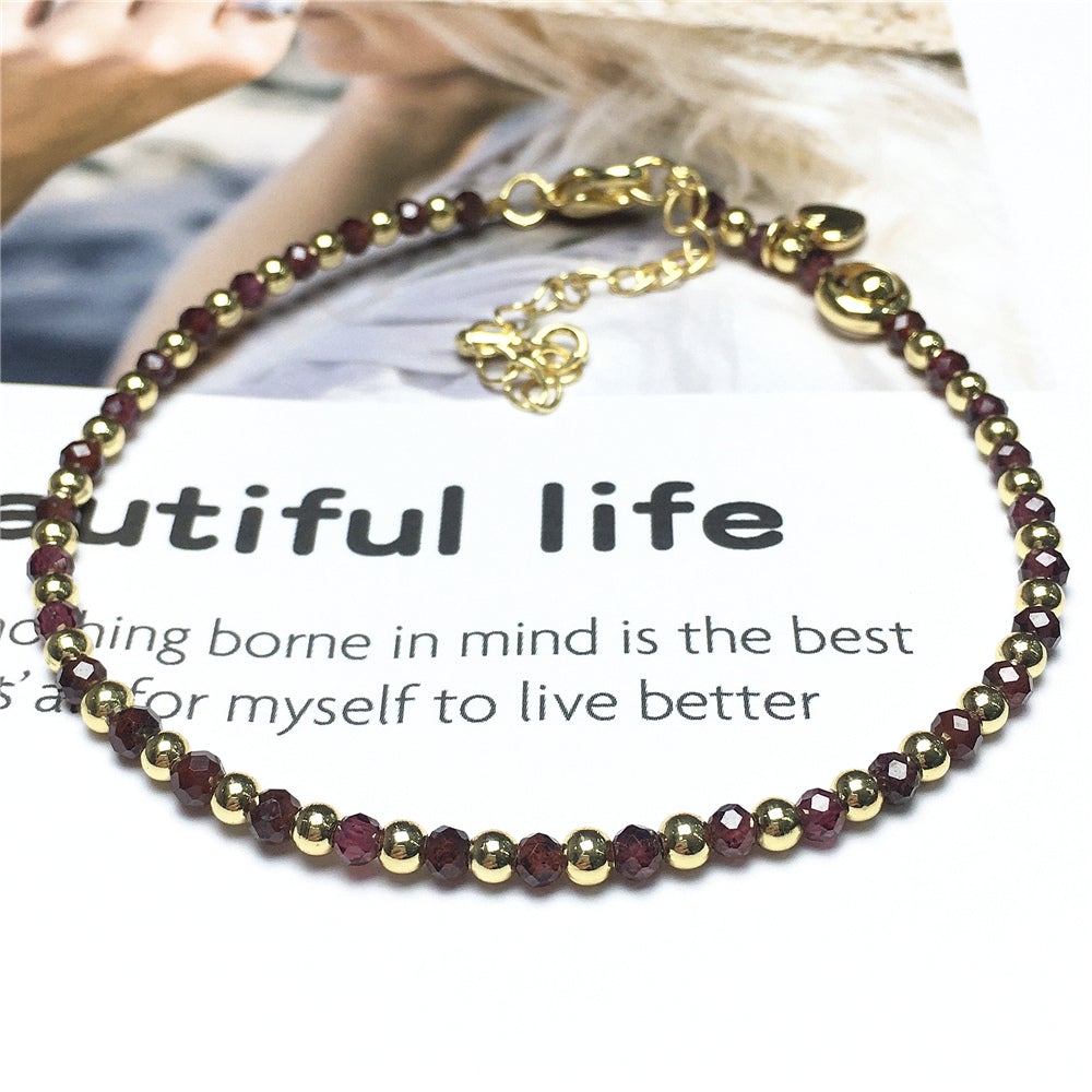Red Garnet Gemstone Adjustable Bracelet Tiny Beads Gemstone Bracelet with Love Heart Charm