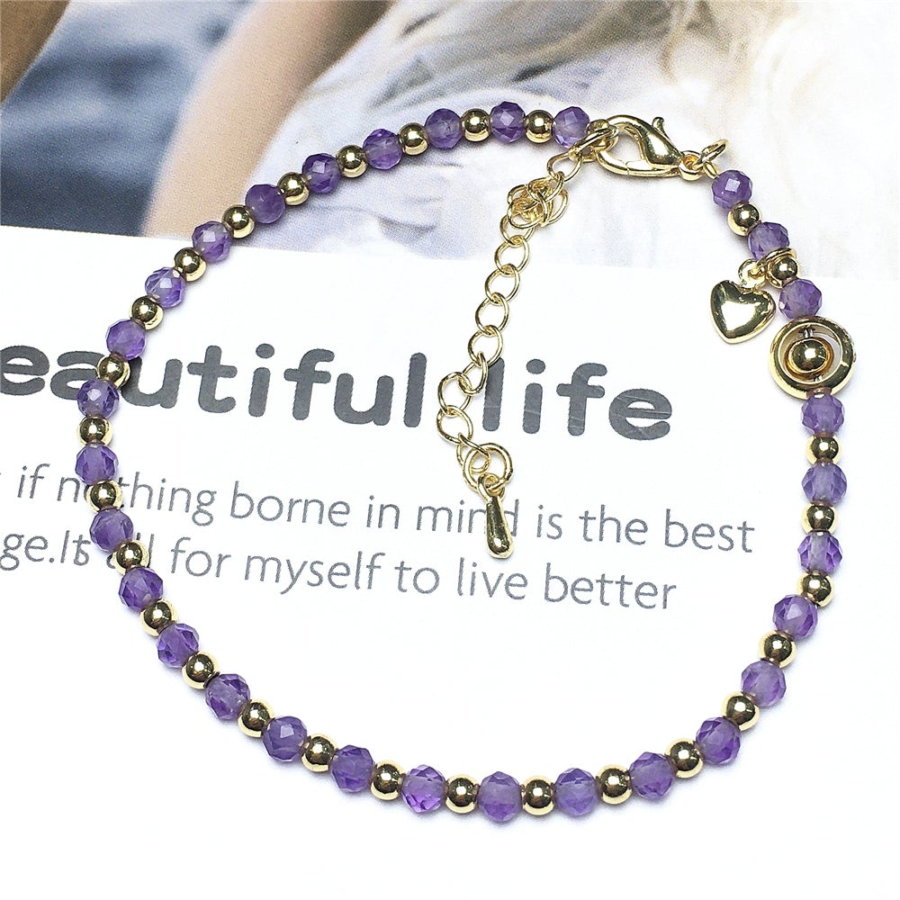 Amethyst Gemstone Adjustable Bracelet Tiny Beads Gemstone Bracelet with Love Heart Charm