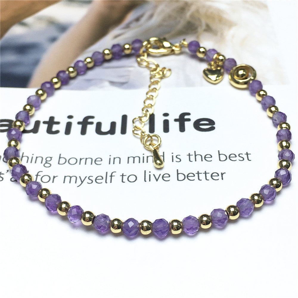 Amethyst Gemstone Adjustable Bracelet Tiny Beads Gemstone Bracelet with Love Heart Charm