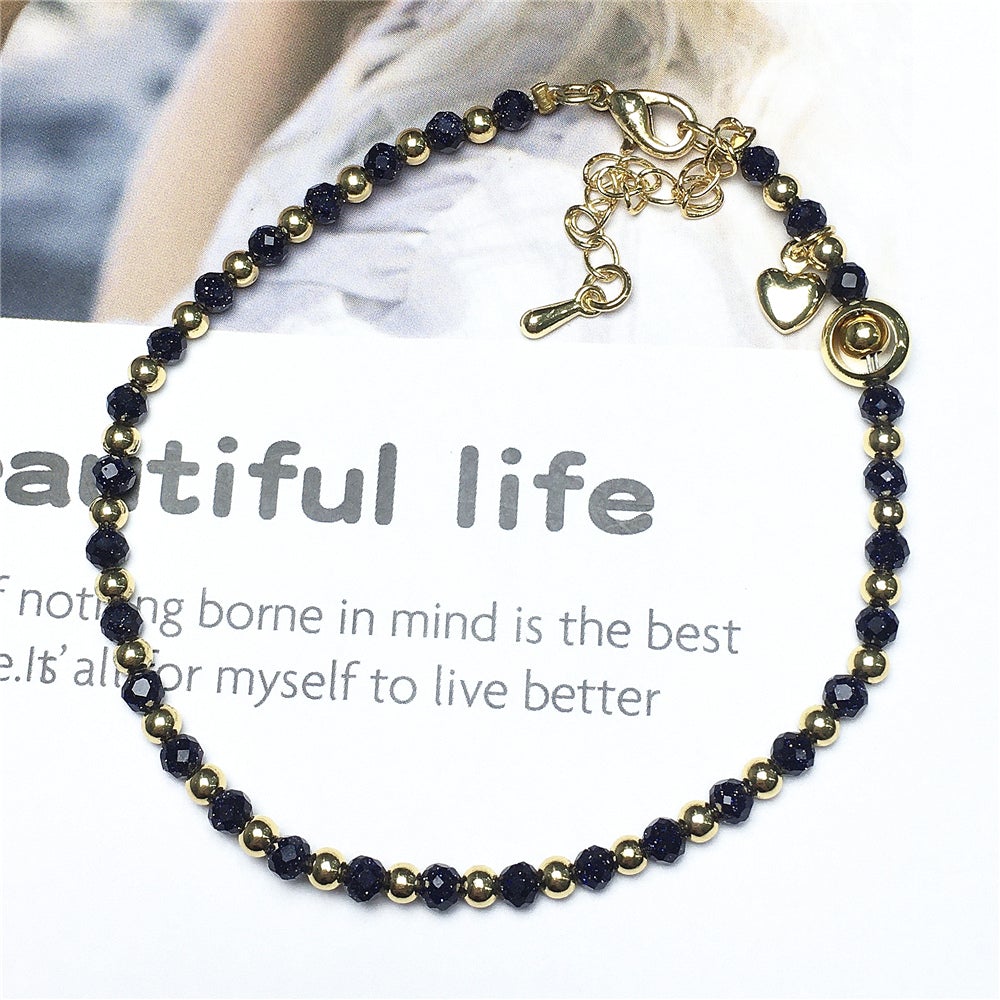 Blue Sandstone Gemstone Adjustable Bracelet Tiny Beads Gemstone Bracelet with Love Heart Charm