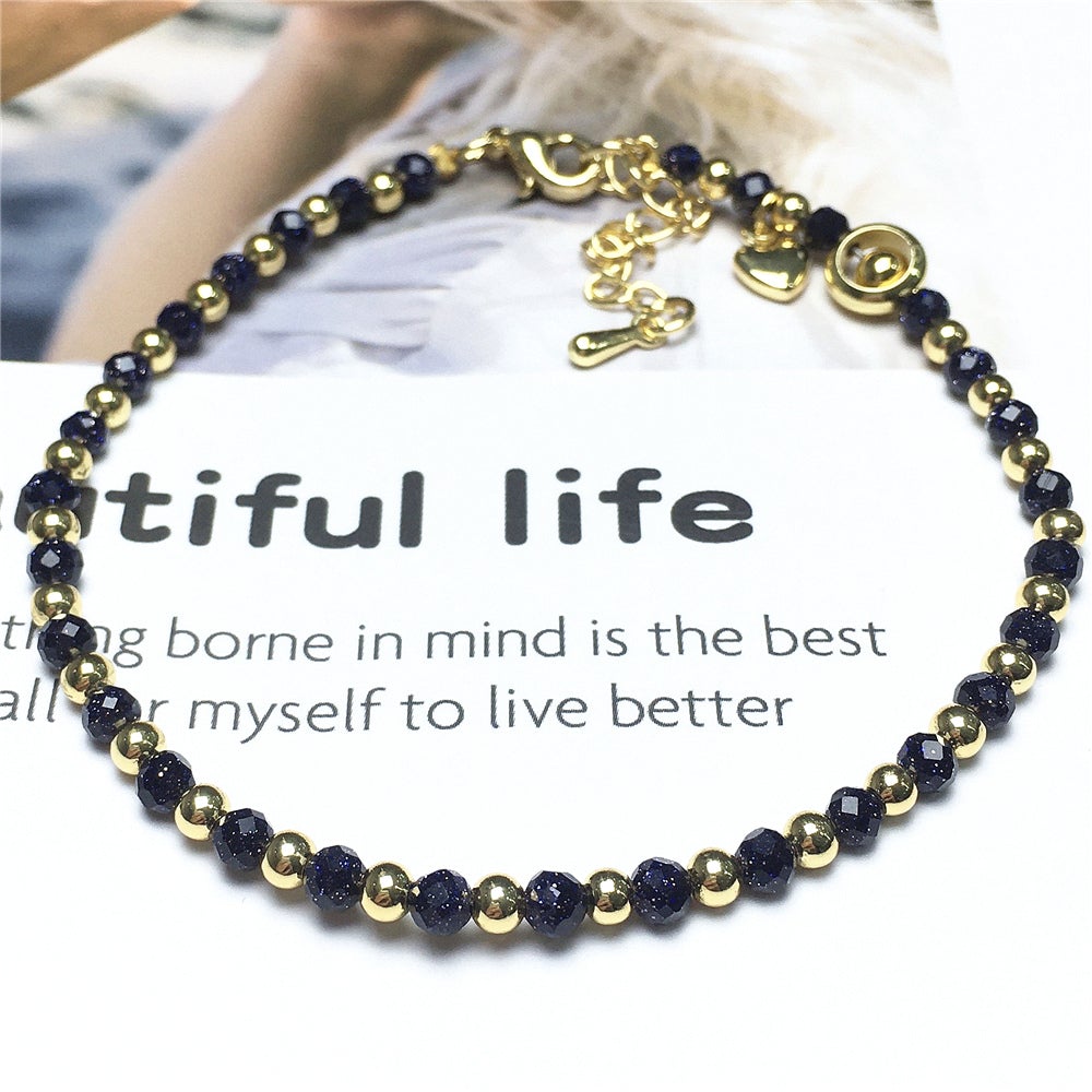 Blue Sandstone Gemstone Adjustable Bracelet Tiny Beads Gemstone Bracelet with Love Heart Charm