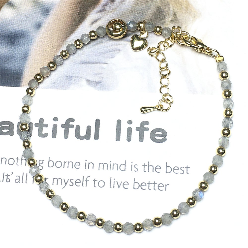 Labradorite Gemstone Adjustable Bracelet Tiny Beads Gemstone Bracelet with Love Heart Charm