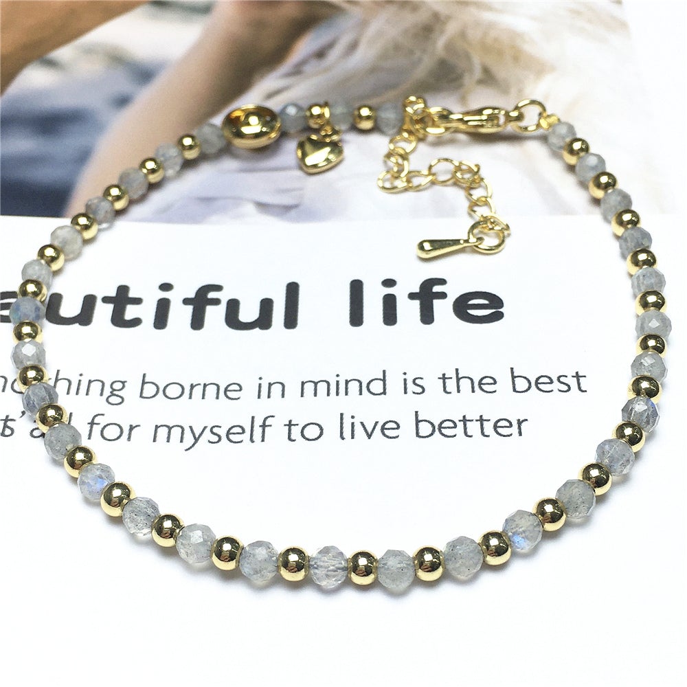 Labradorite Gemstone Adjustable Bracelet Tiny Beads Gemstone Bracelet with Love Heart Charm