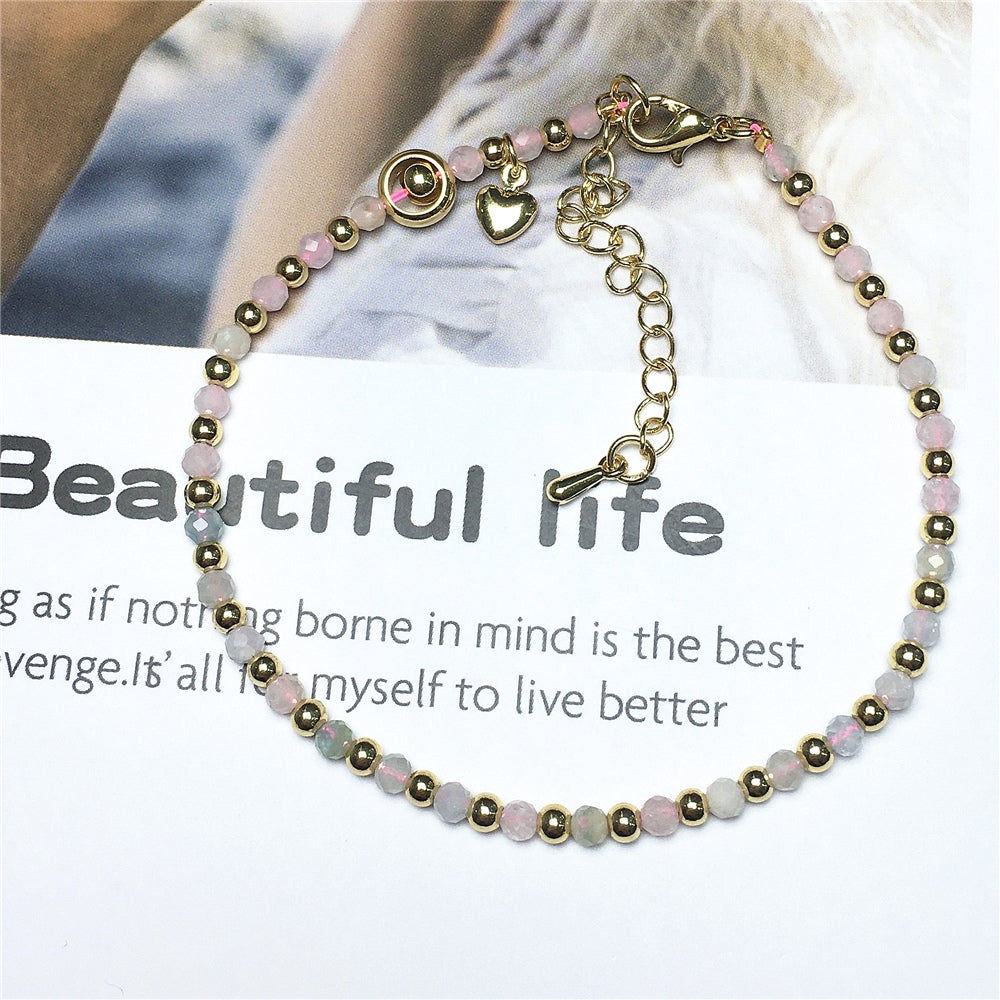 Morganite Gemstone Adjustable Bracelet Tiny Beads Gemstone Bracelet with Love Heart Charm