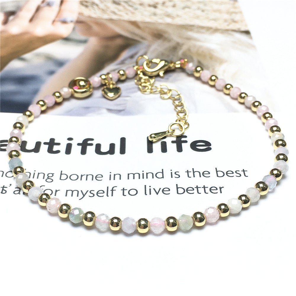 Morganite Gemstone Adjustable Bracelet Tiny Beads Gemstone Bracelet with Love Heart Charm