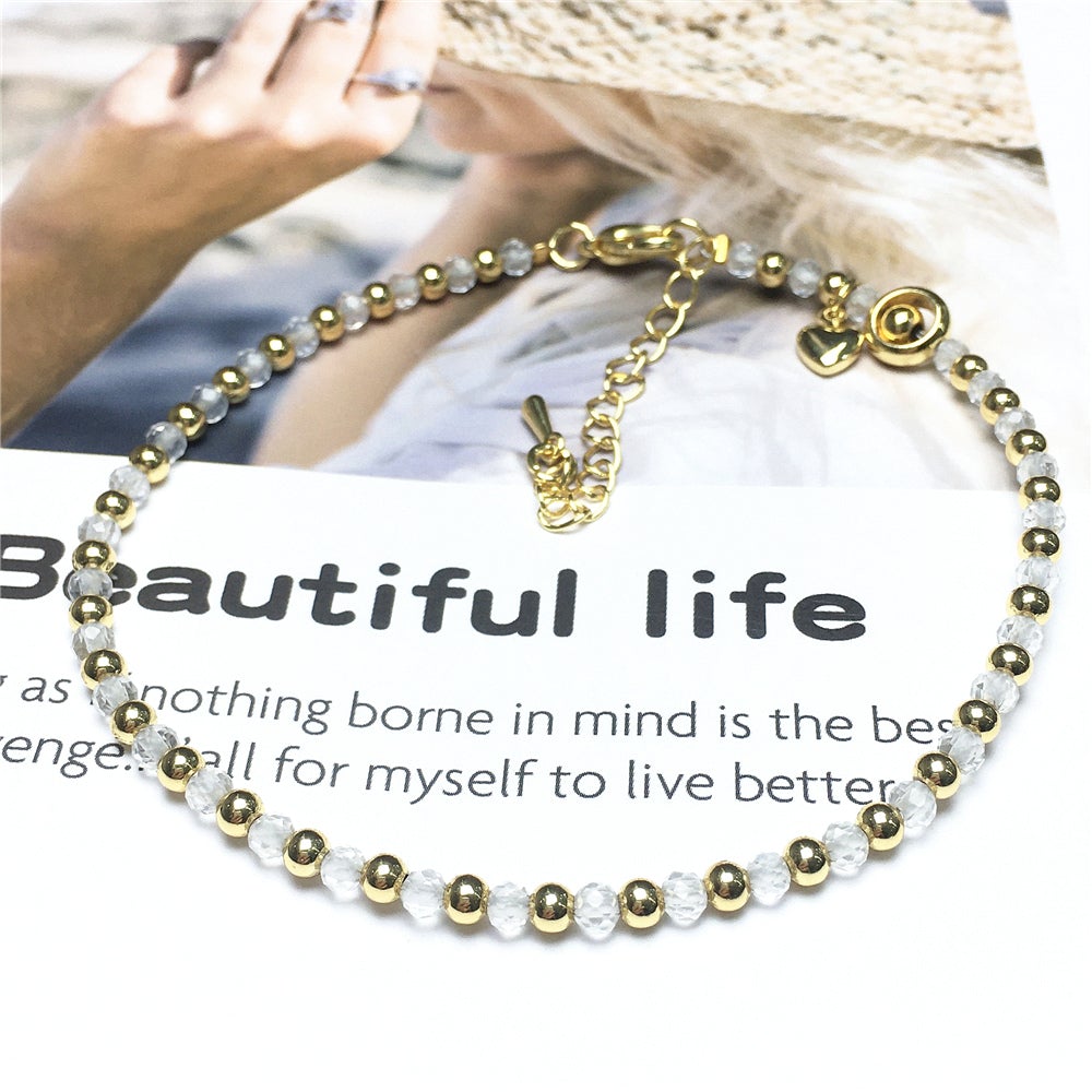 Clear Quartz Gemstone Adjustable Bracelet Tiny Beads Gemstone Bracelet with Love Heart Charm