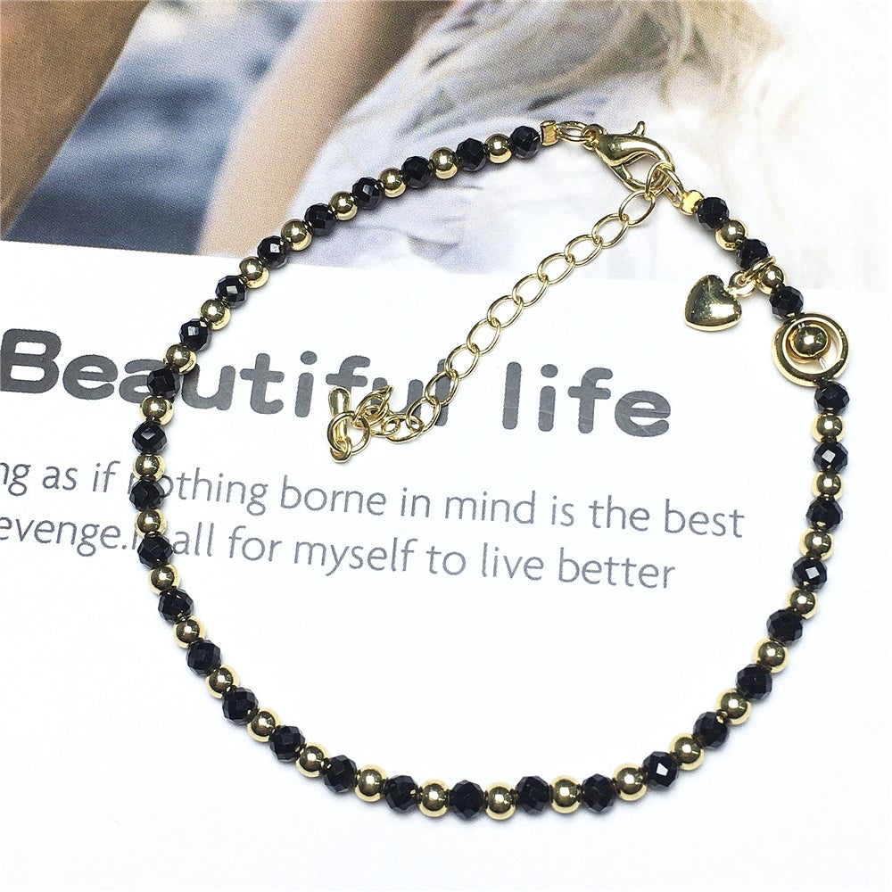 Natural Black Spinel Gemstone Adjustable Bracelet Tiny Beads Gemstone Bracelet with Love Heart Charm