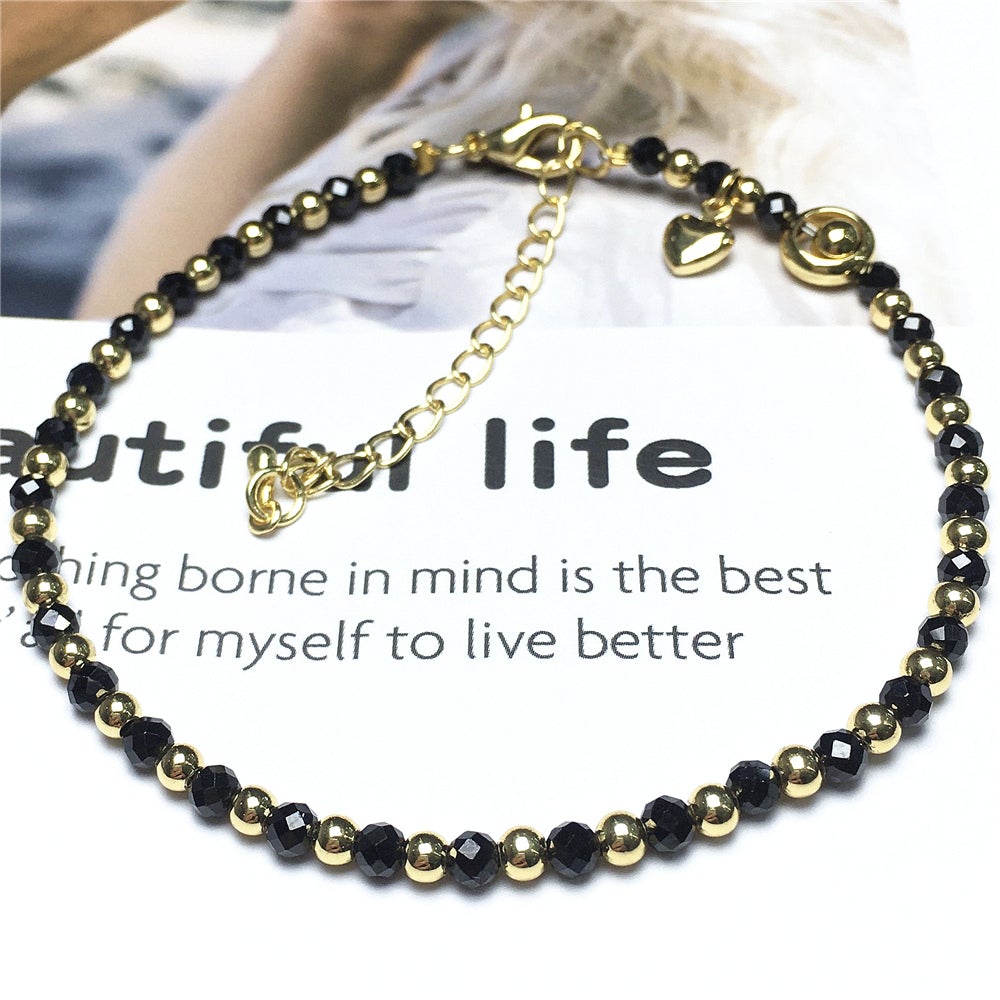 Natural Black Spinel Gemstone Adjustable Bracelet Tiny Beads Gemstone Bracelet with Love Heart Charm