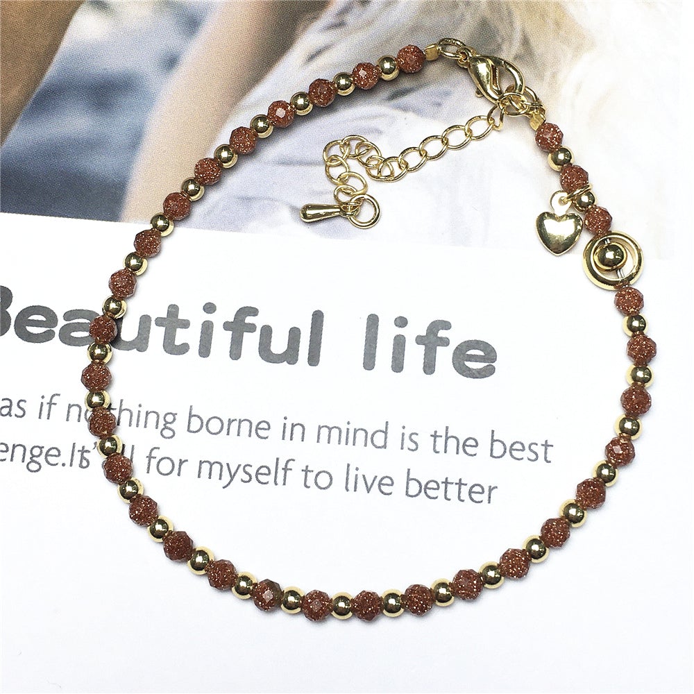 Gold Sandstone Gemstone Adjustable Bracelet Tiny Beads Gemstone Bracelet with Love Heart Charm