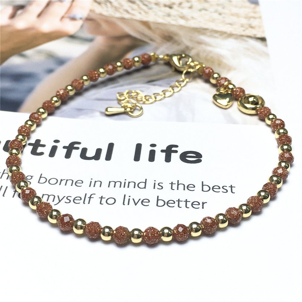 Gold Sandstone Gemstone Adjustable Bracelet Tiny Beads Gemstone Bracelet with Love Heart Charm