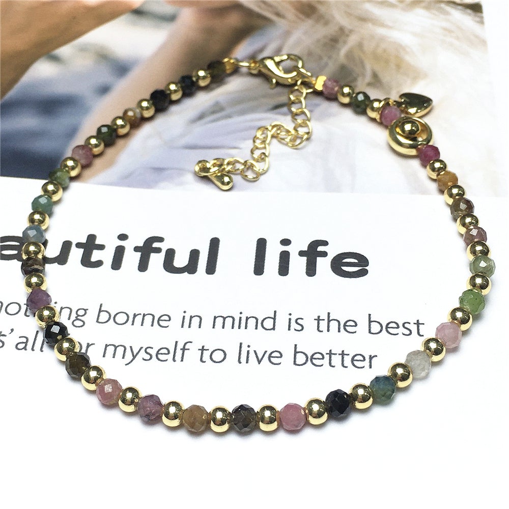 Tourmaline Gemstone Adjustable Bracelet Tiny Beads Gemstone Bracelet with Love Heart Charm
