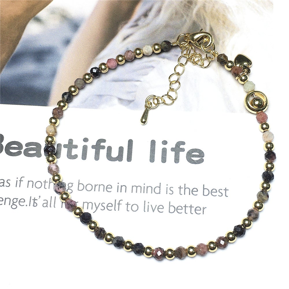 Pink Rhodonite Gemstone Adjustable Bracelet Tiny Beads Gemstone Bracelet with Love Heart Charm