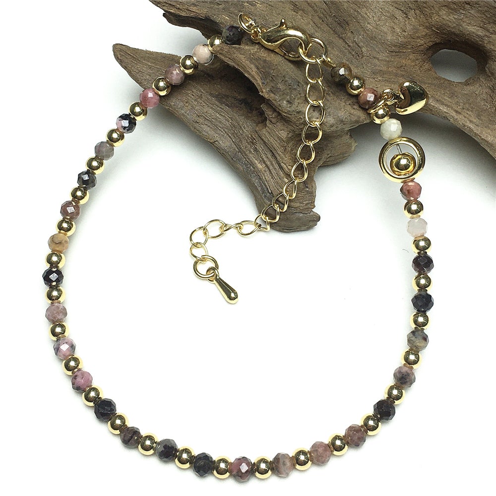 Pink Rhodonite Gemstone Adjustable Bracelet Tiny Beads Gemstone Bracelet with Love Heart Charm