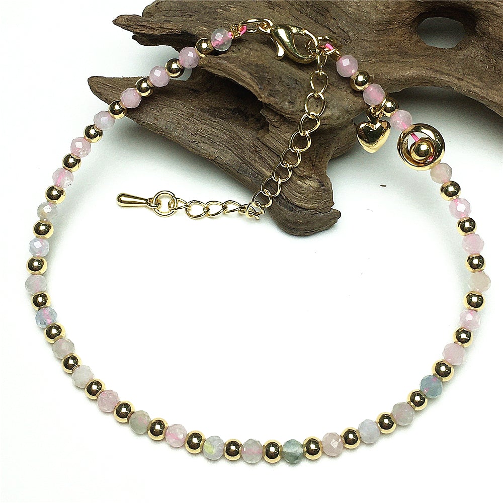 Morganite Gemstone Adjustable Bracelet Tiny Beads Gemstone Bracelet with Love Heart Charm