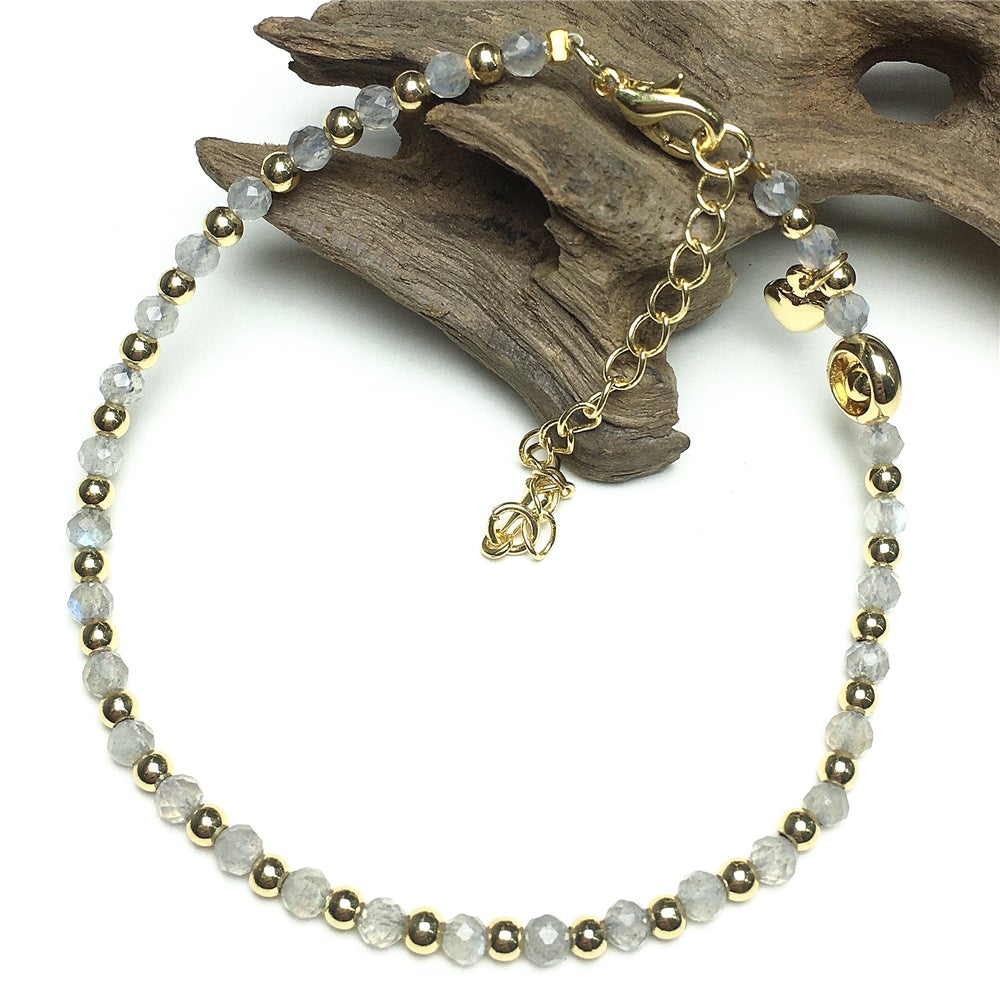Labradorite Gemstone Adjustable Bracelet Tiny Beads Gemstone Bracelet with Love Heart Charm