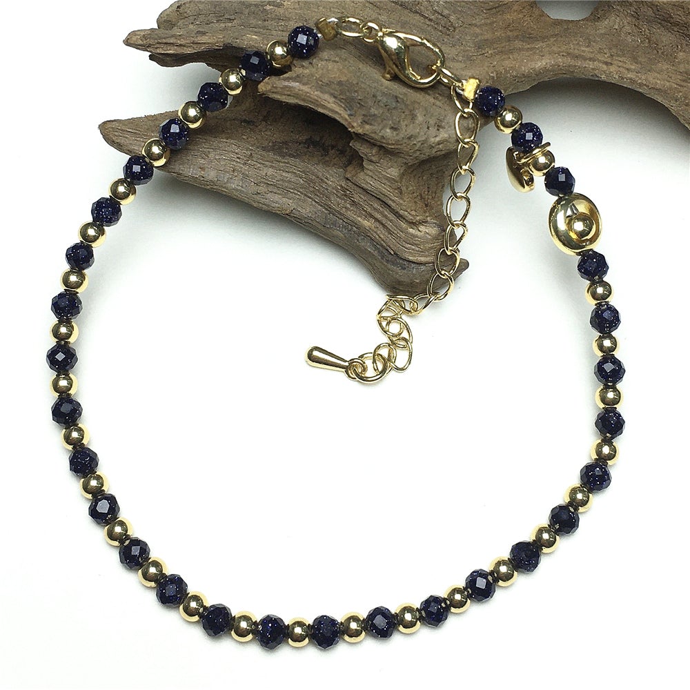 Blue Sandstone Gemstone Adjustable Bracelet Tiny Beads Gemstone Bracelet with Love Heart Charm