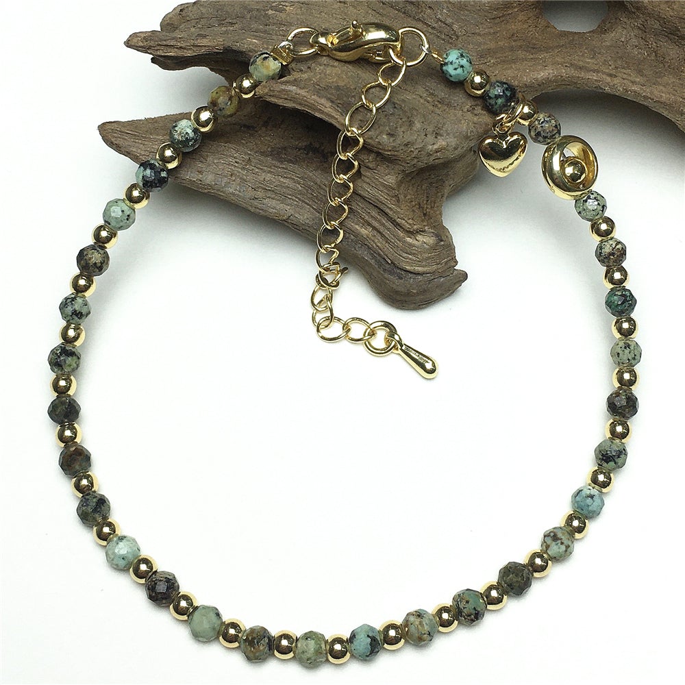 African Turquoise Gemstone Adjustable Bracelet Tiny Beads Gemstone Bracelet with Love Heart Charm