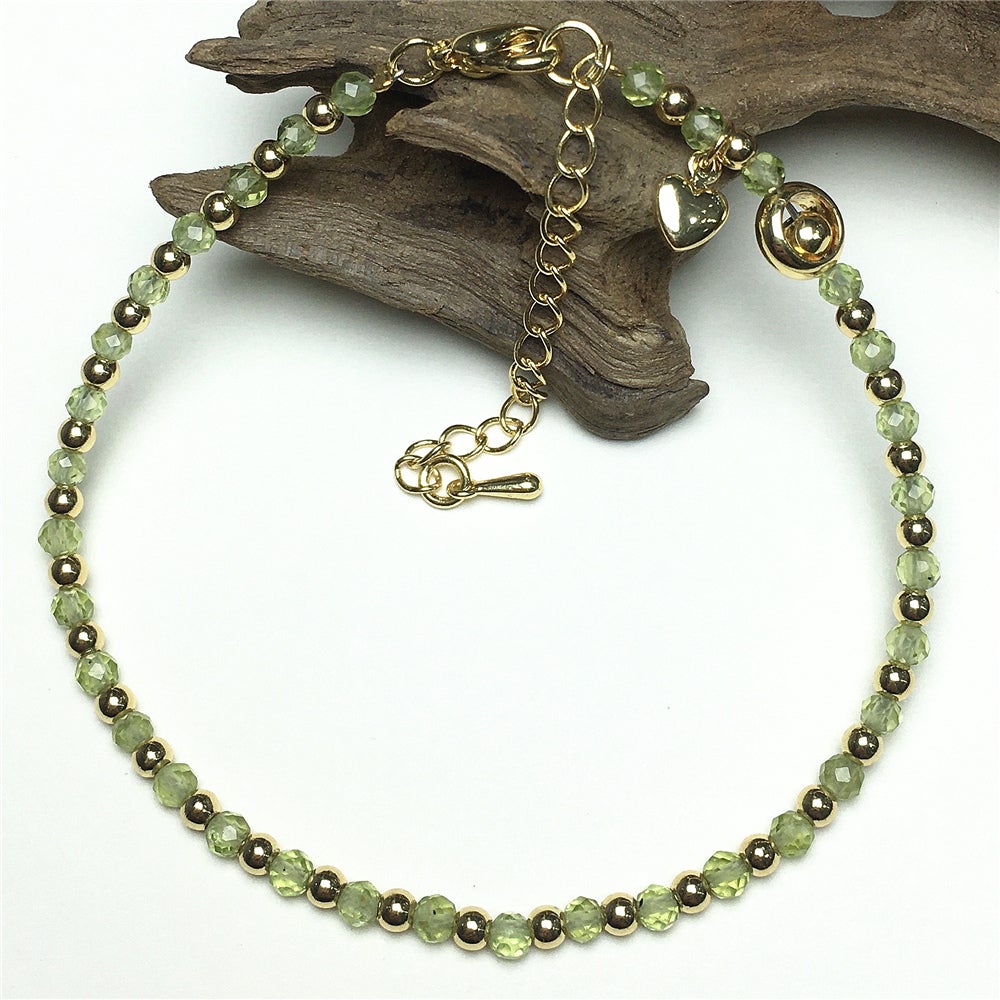 Peridot Gemstone Adjustable Bracelet Tiny Beads Gemstone Bracelet with Love Heart Charm