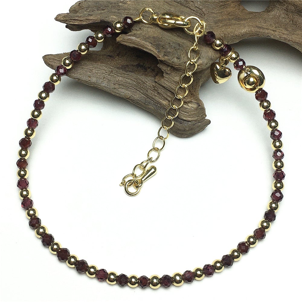 Red Garnet Gemstone Adjustable Bracelet Tiny Beads Gemstone Bracelet with Love Heart Charm