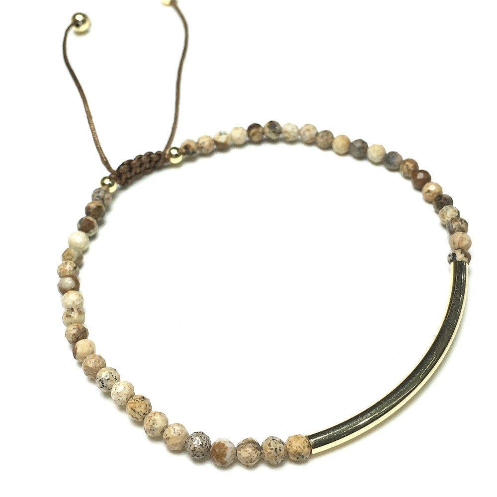 Natural Picture Jasper Gemstone Braid Rope Macrame Adjustable Bracelet Tiny Beads Gemstone Bracelet with Gold Spacer