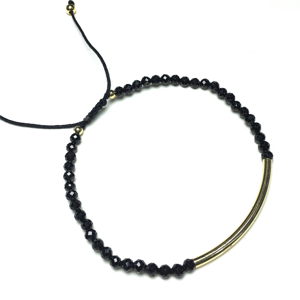 Natural Black Spinel Gemstone Braid Rope Macrame Adjustable Bracelet Tiny Beads Gemstone Bracelet with Gold Spacer