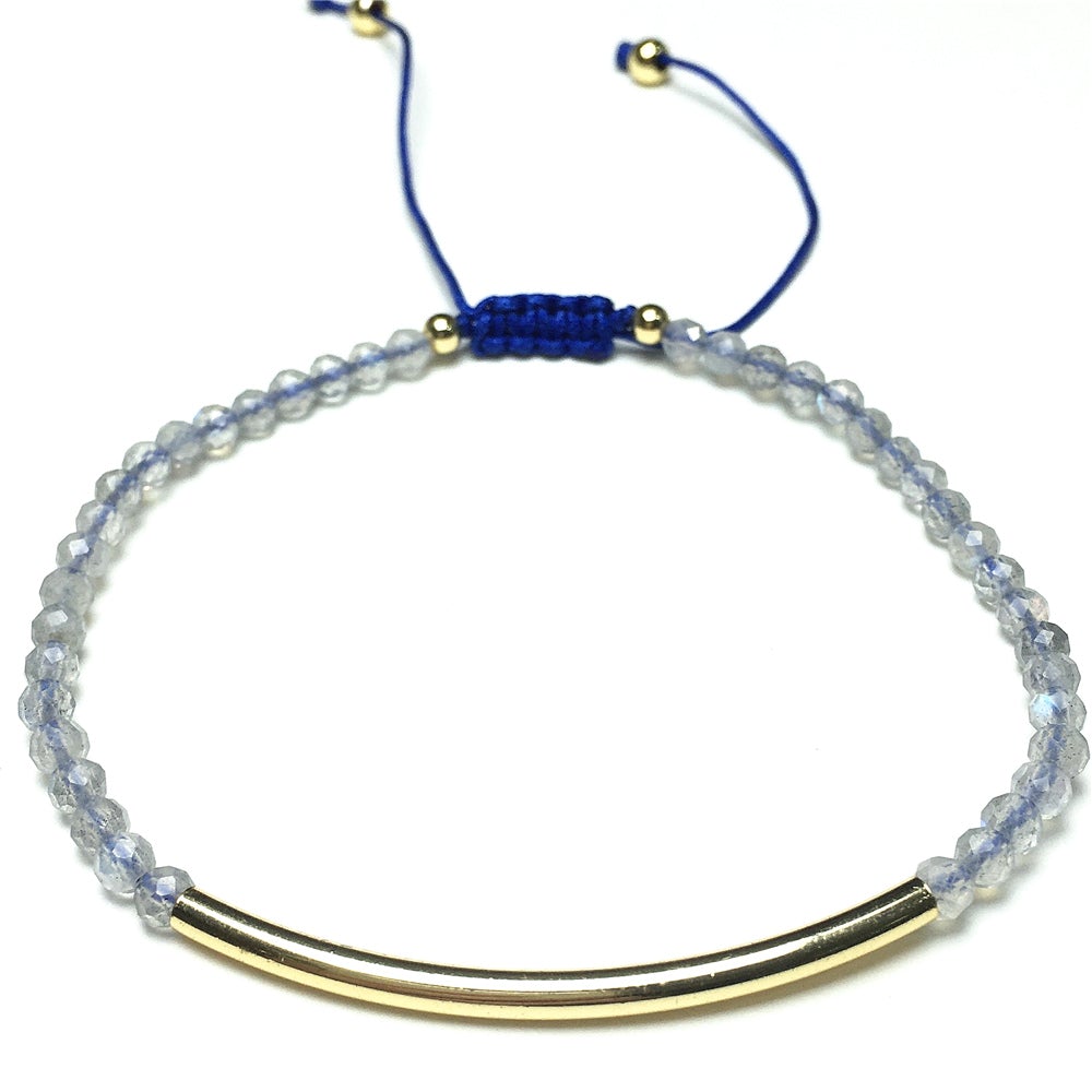 Natural Labradorite Gemstone Braid Rope Macrame Adjustable Bracelet Tiny Beads Gemstone Bracelet with Gold Spacer