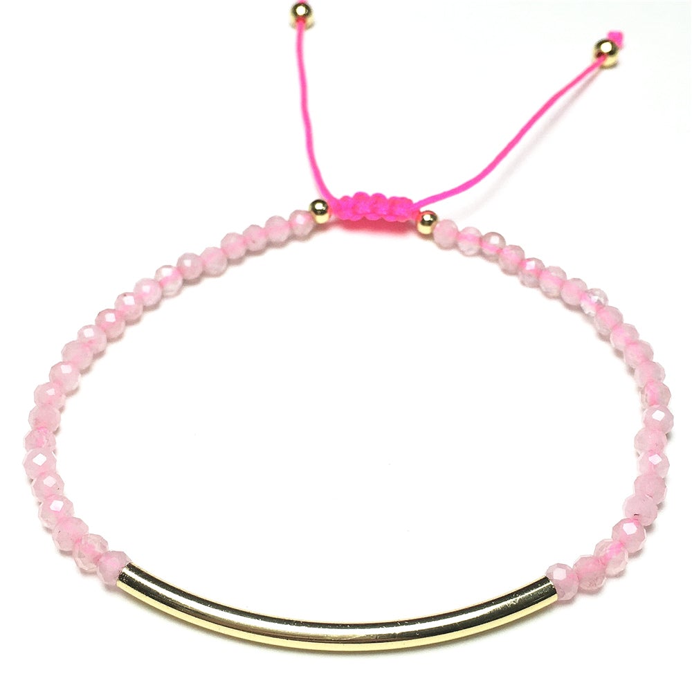Natural Pink Rose Quartz Gemstone Braid Rope Macrame Adjustable Bracelet Tiny Beads Gemstone Bracelet with Gold Spacer