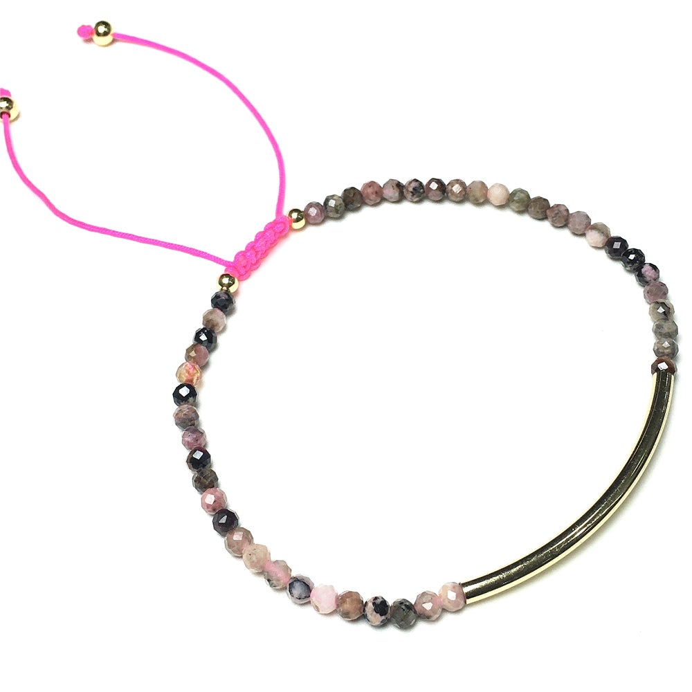 Natural Pink Rhodonite Gemstone Braid Rope Macrame Adjustable Bracelet Tiny Beads Gemstone Bracelet with Gold Spacer