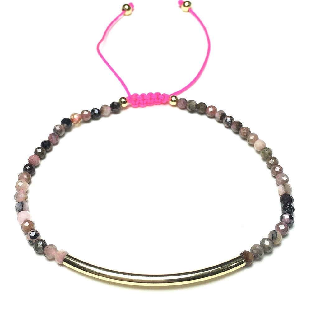 Natural Pink Rhodonite Gemstone Braid Rope Macrame Adjustable Bracelet Tiny Beads Gemstone Bracelet with Gold Spacer