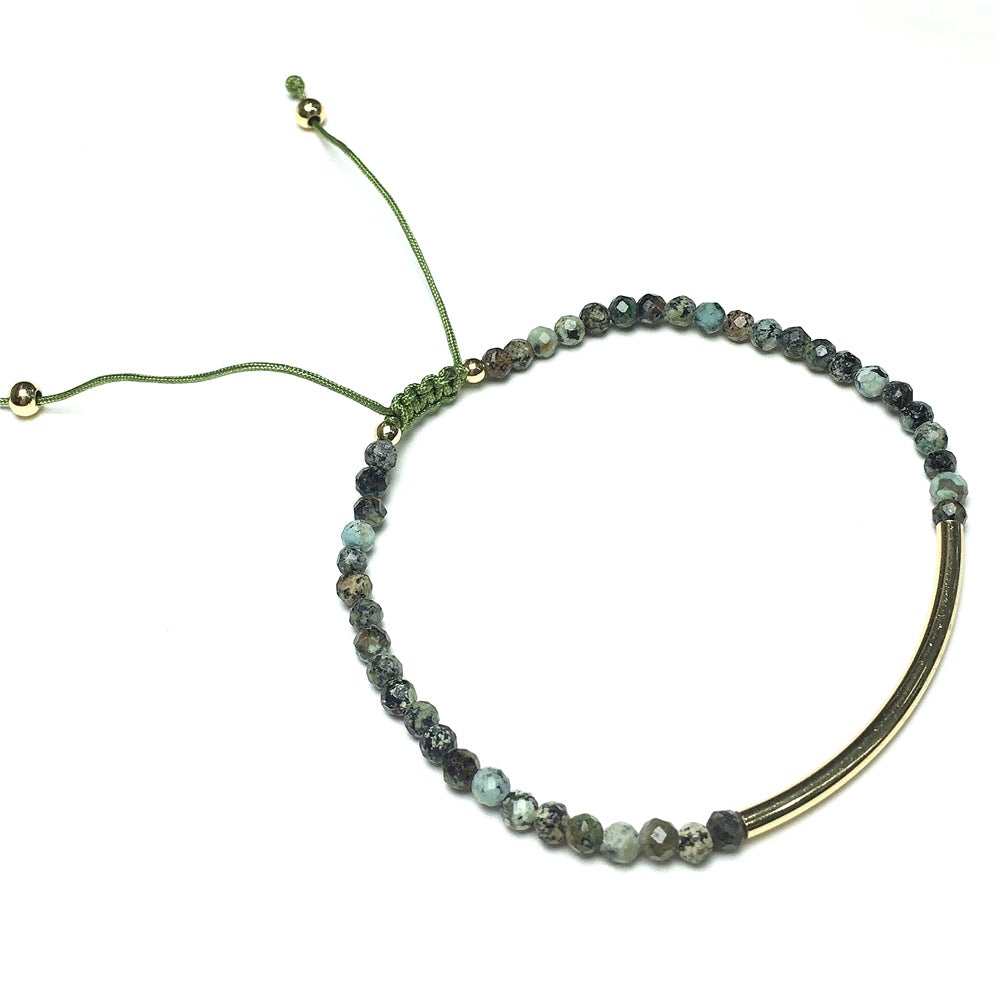 Natural African Turquoise Gemstone Braid Rope Macrame Adjustable Bracelet Tiny Beads Gemstone Bracelet with Gold Spacer