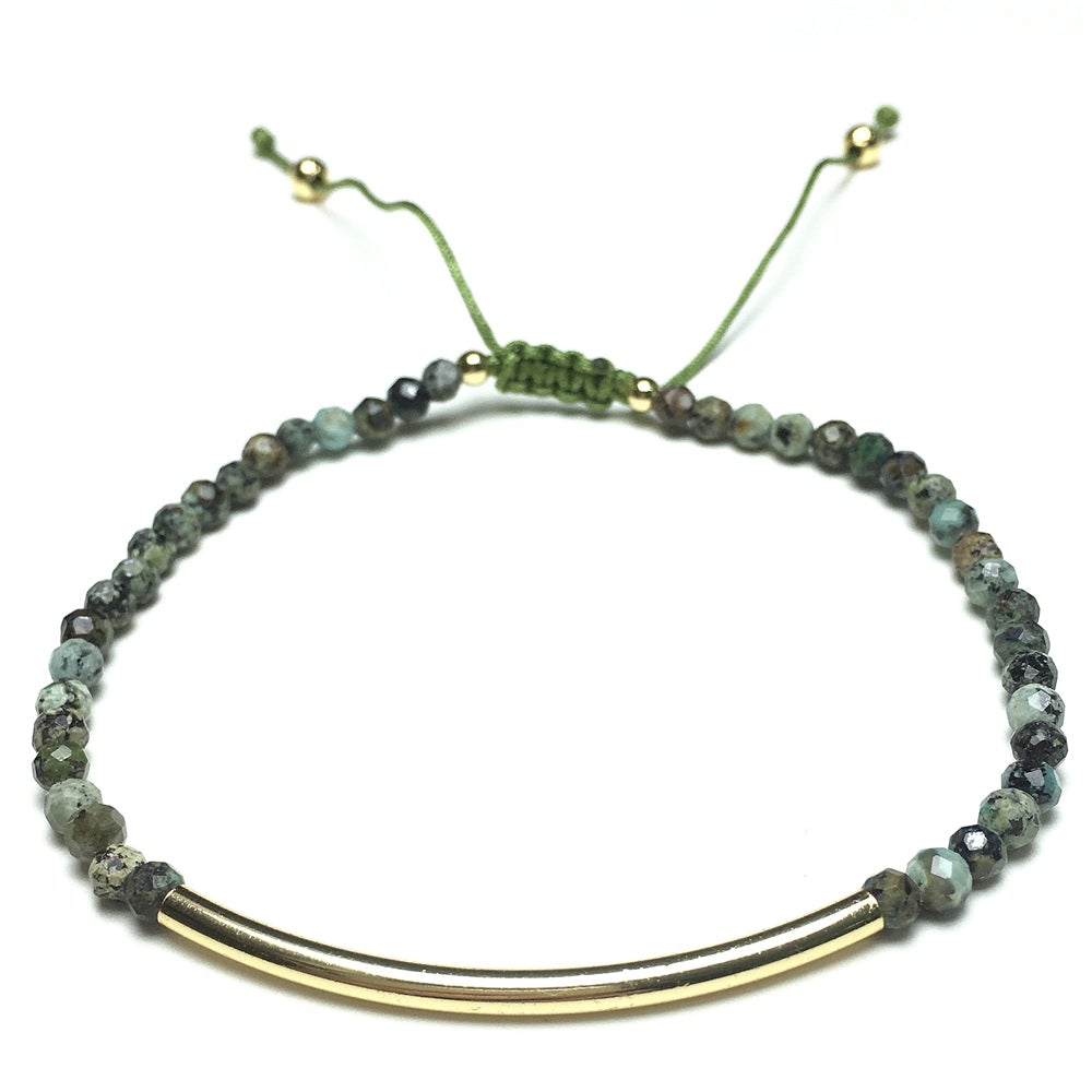 Natural African Turquoise Gemstone Braid Rope Macrame Adjustable Bracelet Tiny Beads Gemstone Bracelet with Gold Spacer