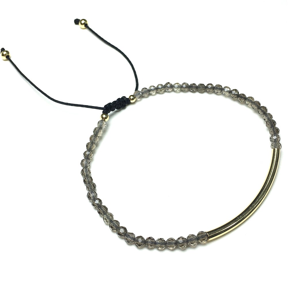 Natural Smoky Quartz Gemstone Braid Rope Macrame Adjustable Bracelet Tiny Beads Gemstone Bracelet with Gold Spacer