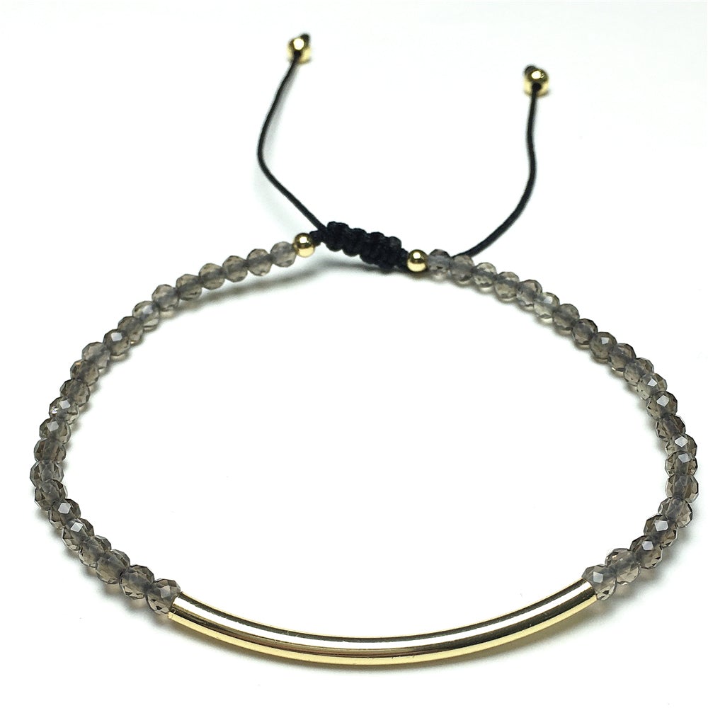 Natural Smoky Quartz Gemstone Braid Rope Macrame Adjustable Bracelet Tiny Beads Gemstone Bracelet with Gold Spacer