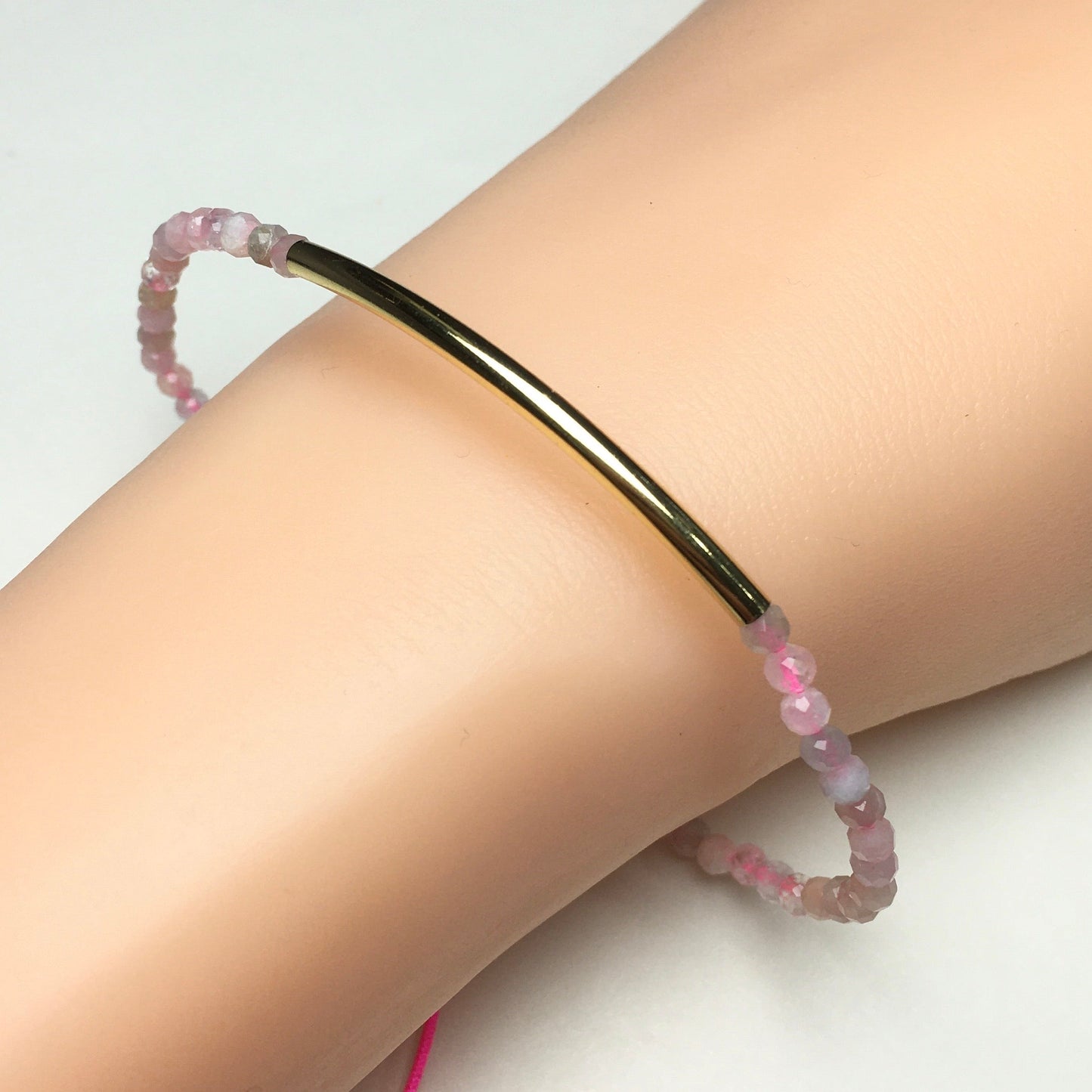 Natural Morganite Gemstone Braid Rope Macrame Adjustable Bracelet Tiny Beads Gemstone Bracelet with Gold Spacer