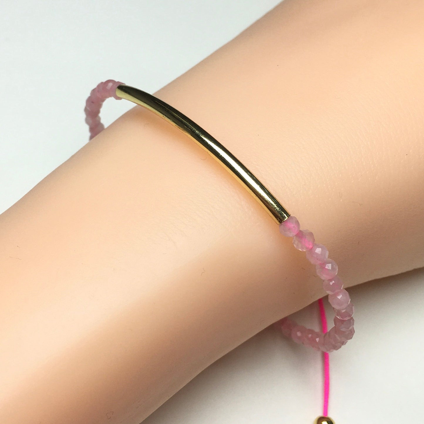 Natural Pink Rose Quartz Gemstone Braid Rope Macrame Adjustable Bracelet Tiny Beads Gemstone Bracelet with Gold Spacer