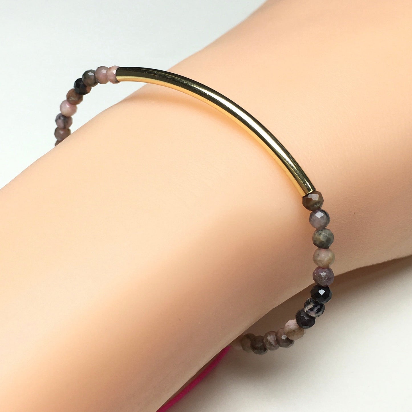 Natural Pink Rhodonite Gemstone Braid Rope Macrame Adjustable Bracelet Tiny Beads Gemstone Bracelet with Gold Spacer