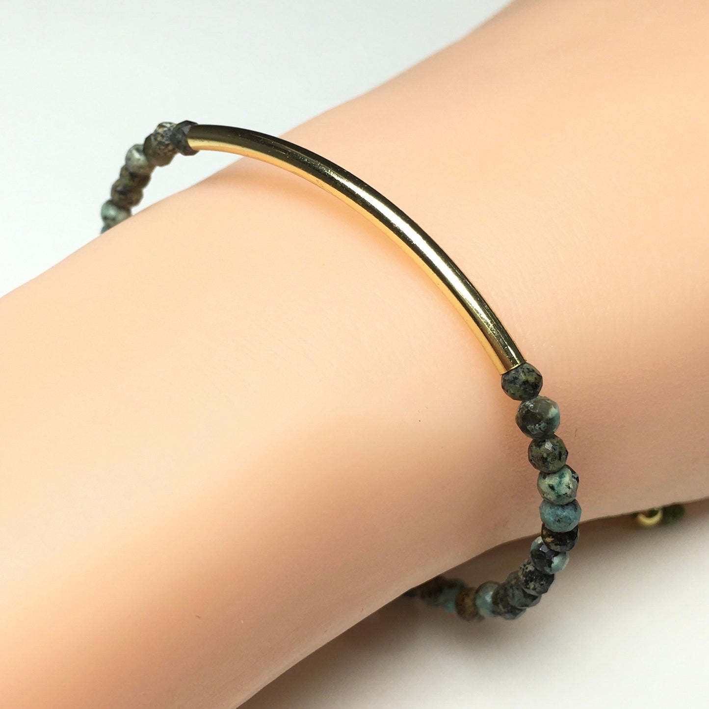 Natural African Turquoise Gemstone Braid Rope Macrame Adjustable Bracelet Tiny Beads Gemstone Bracelet with Gold Spacer