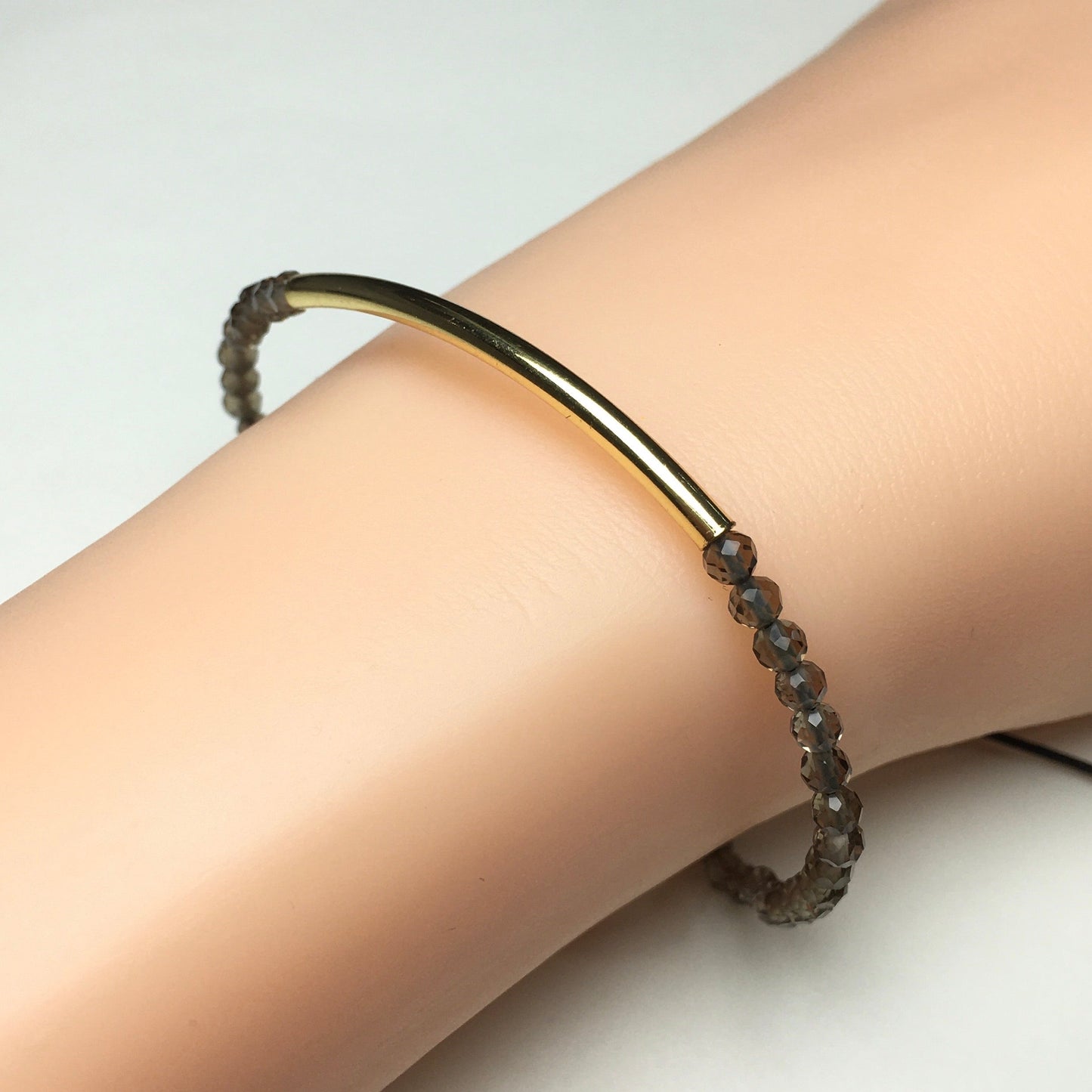 Natural Smoky Quartz Gemstone Braid Rope Macrame Adjustable Bracelet Tiny Beads Gemstone Bracelet with Gold Spacer