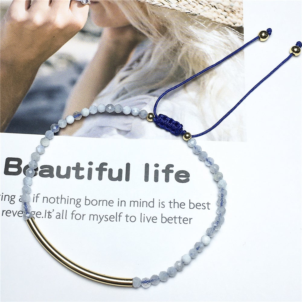 Natural Moonstone Gemstone Braid Rope Macrame Adjustable Bracelet Tiny Beads Gemstone Bracelet with Gold Spacer