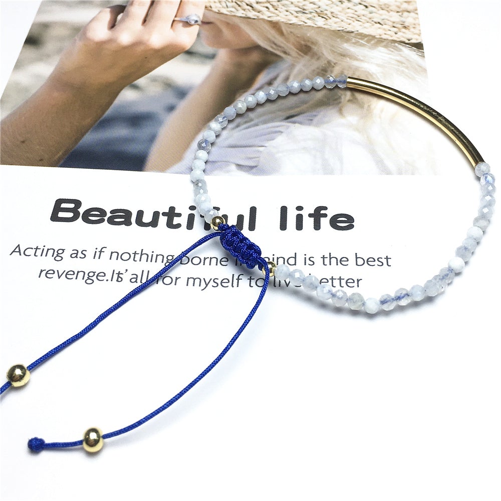 Natural Moonstone Gemstone Braid Rope Macrame Adjustable Bracelet Tiny Beads Gemstone Bracelet with Gold Spacer