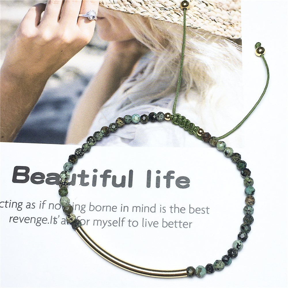 Natural African Turquoise Gemstone Braid Rope Macrame Adjustable Bracelet Tiny Beads Gemstone Bracelet with Gold Spacer