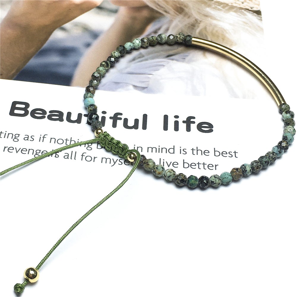 Natural African Turquoise Gemstone Braid Rope Macrame Adjustable Bracelet Tiny Beads Gemstone Bracelet with Gold Spacer