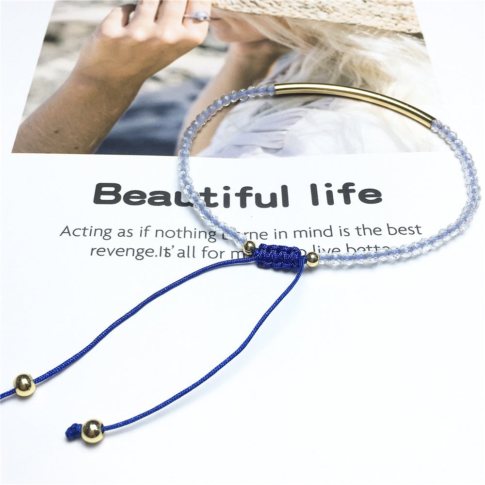 Natural Clear Quartz Gemstone Braid Rope Macrame Adjustable Bracelet Tiny Beads Gemstone Bracelet with Gold Spacer