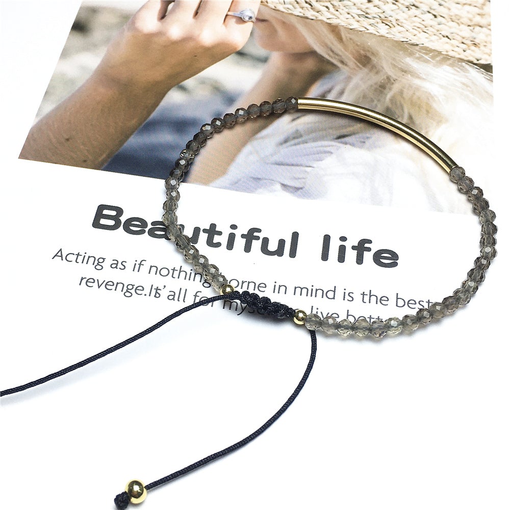 Natural Smoky Quartz Gemstone Braid Rope Macrame Adjustable Bracelet Tiny Beads Gemstone Bracelet with Gold Spacer