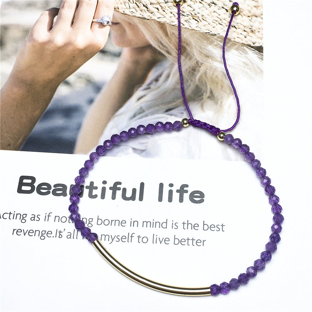 Natural Amethyst Gemstone Braid Rope Macrame Adjustable Bracelet Tiny Beads Gemstone Bracelet with Gold Spacer
