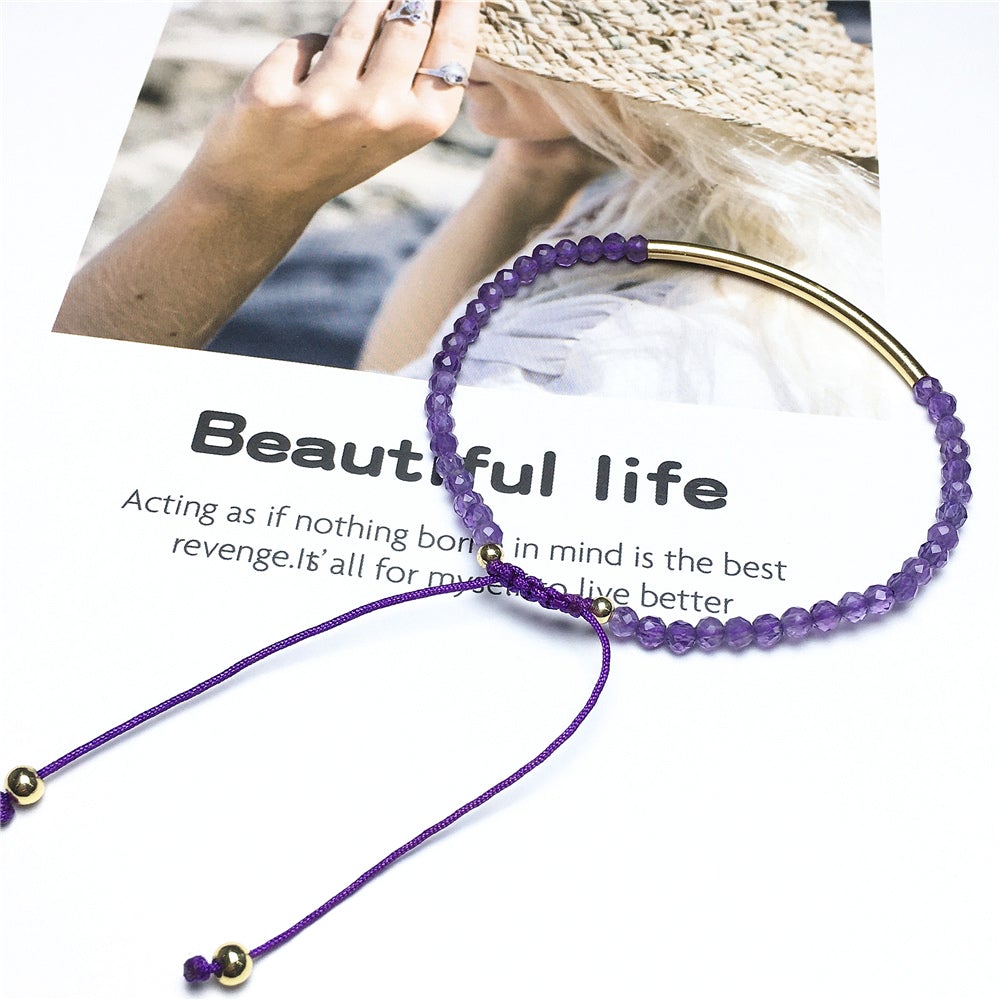Natural Amethyst Gemstone Braid Rope Macrame Adjustable Bracelet Tiny Beads Gemstone Bracelet with Gold Spacer