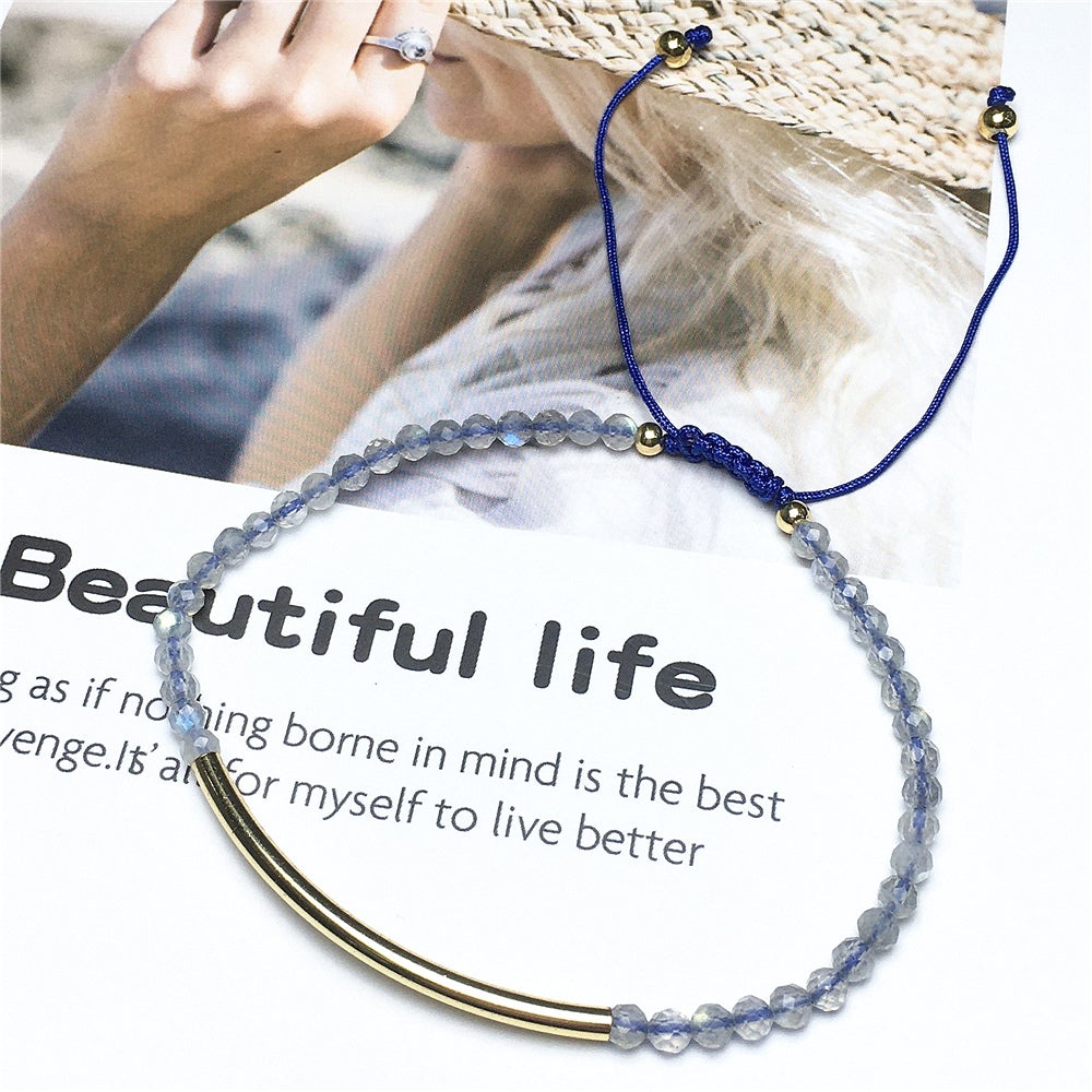 Natural Labradorite Gemstone Braid Rope Macrame Adjustable Bracelet Tiny Beads Gemstone Bracelet with Gold Spacer